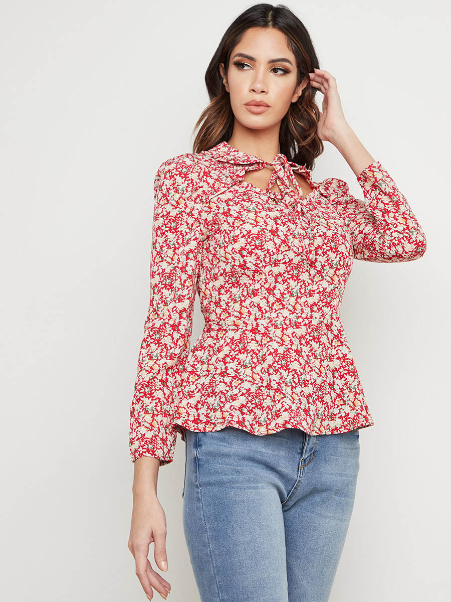 Styli Floral Printed Tie-Up Neck Cut-Out Peplum Top-women-clothing-shirtsandblouses-blouses-image-1