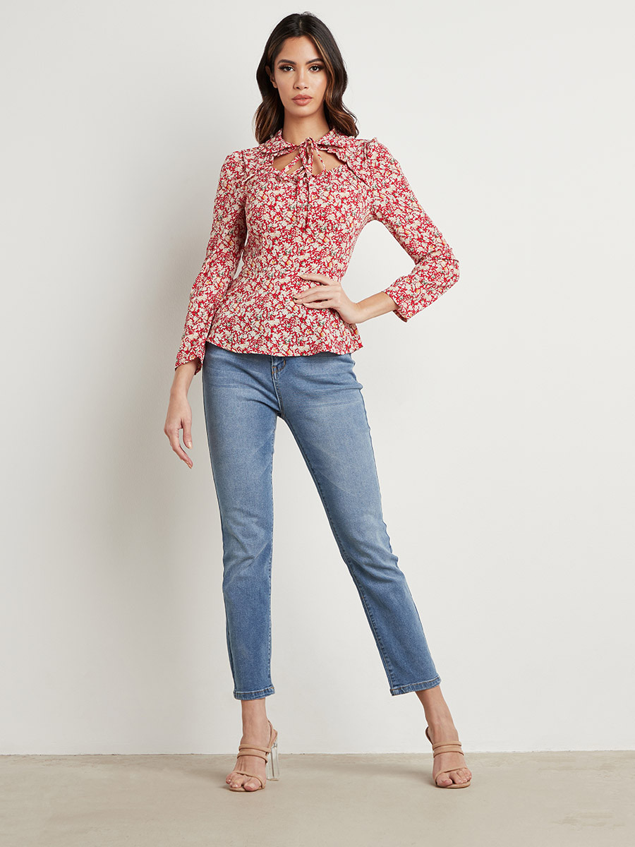 Styli Floral Printed Tie-Up Neck Cut-Out Peplum Top-women-clothing-shirtsandblouses-blouses-image-2