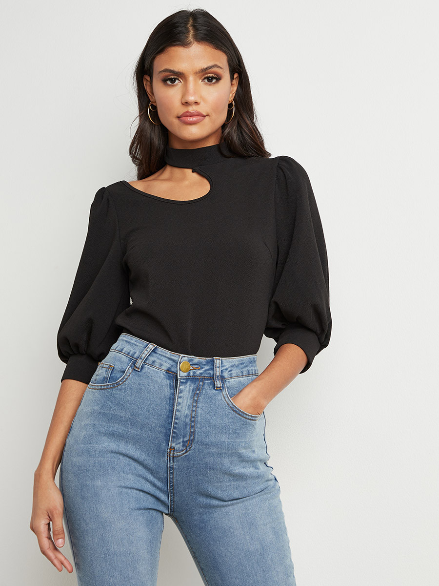 Styli Textured Cut-Out Shoulder Detail Top with Puff Sleeves-women-clothing-shirtsandblouses-blouses-image-1