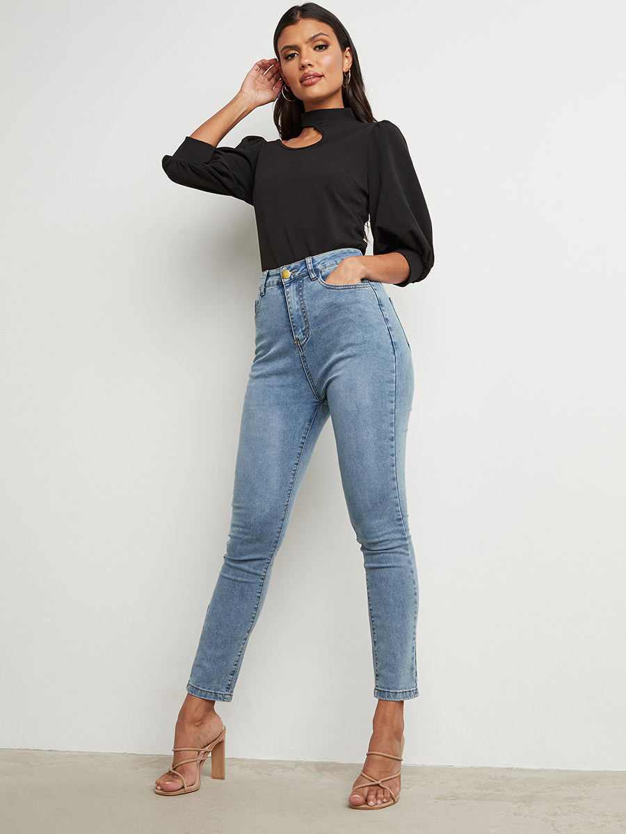 Styli Textured Cut-Out Shoulder Detail Top with Puff Sleeves-women-clothing-shirtsandblouses-blouses-image-2