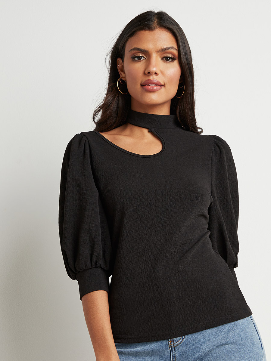 Styli Textured Cut-Out Shoulder Detail Top with Puff Sleeves-women-clothing-shirtsandblouses-blouses-image-3