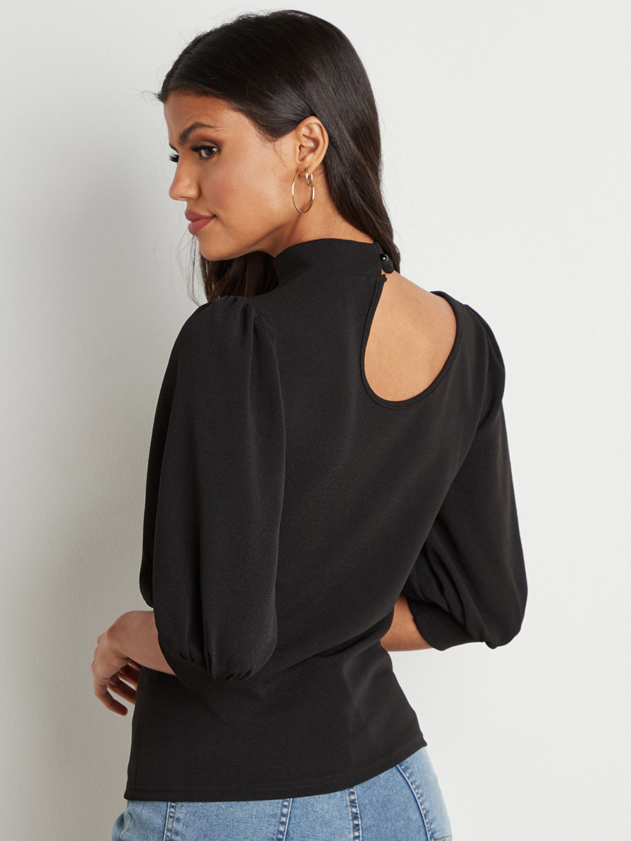 Styli Textured Cut-Out Shoulder Detail Top with Puff Sleeves-women-clothing-shirtsandblouses-blouses-image-6