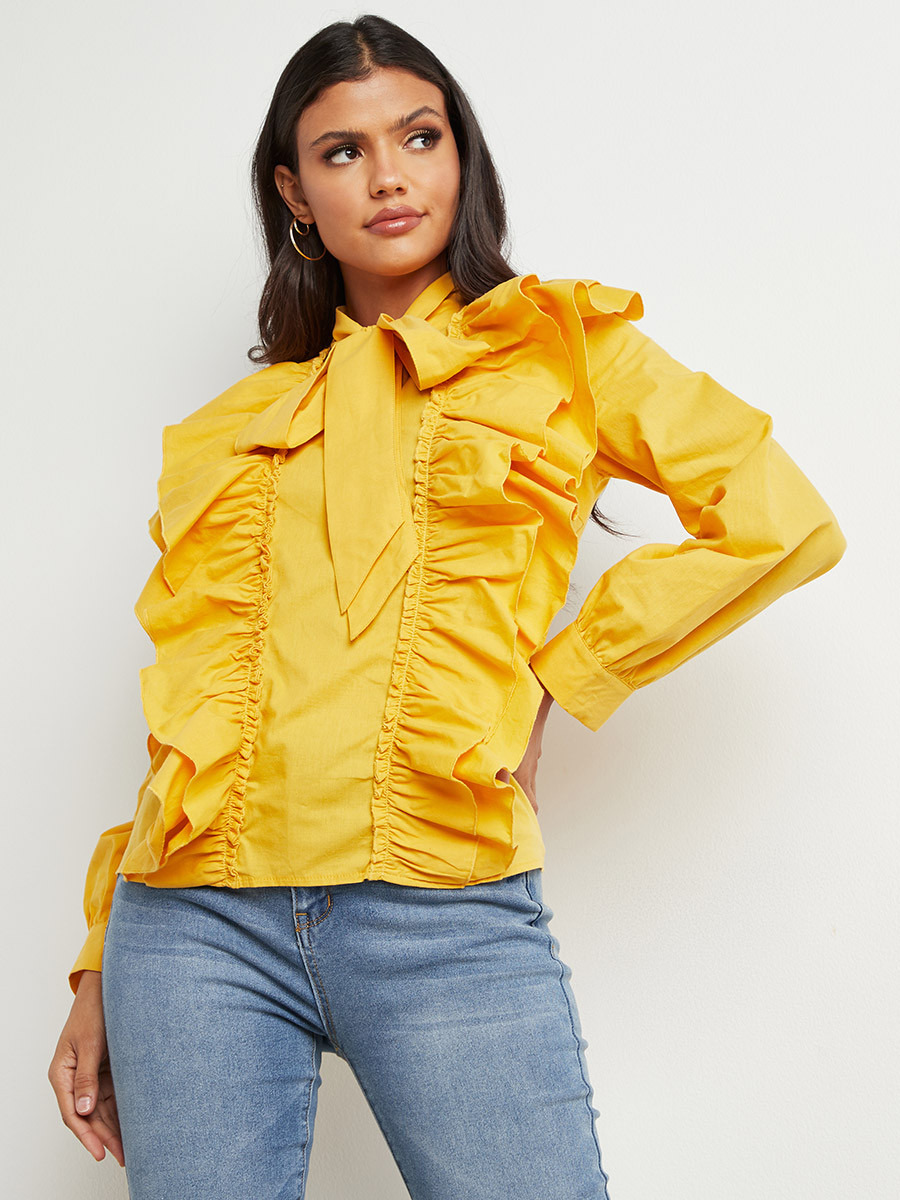 Styli Oversized Ruffle Detail Tie Neck Top-women-clothing-shirtsandblouses-blouses-image-1