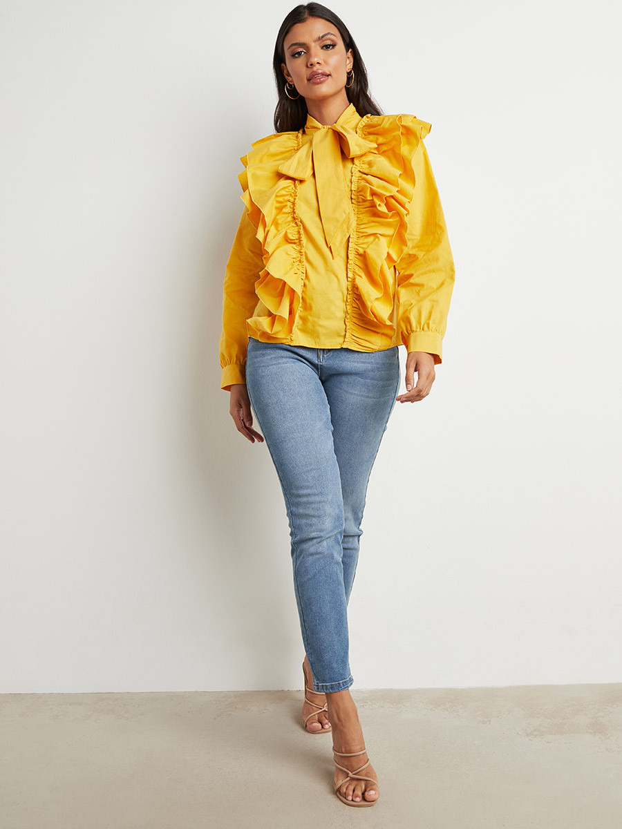 Styli Oversized Ruffle Detail Tie Neck Top-women-clothing-shirtsandblouses-blouses-image-2