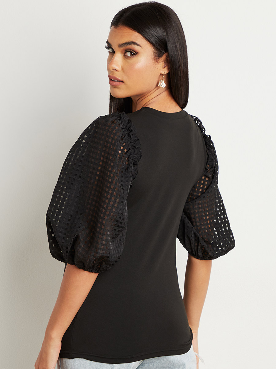 Styli Checked Organza Volume Sleeves Fitted Top-women-clothing-shirtsandblouses-blouses-image-3