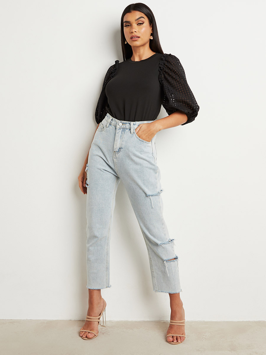 Styli Checked Organza Volume Sleeves Fitted Top-women-clothing-shirtsandblouses-blouses-image-4