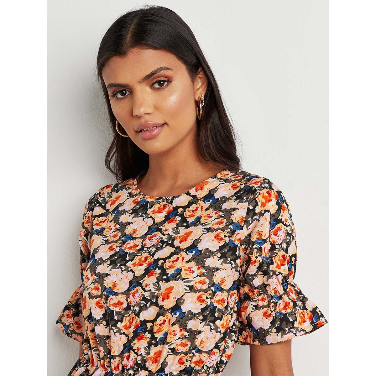 Styli Floral Printed Shirred Waist Top with Round Neck-women-clothing-shirtsandblouses-blouses-image-3