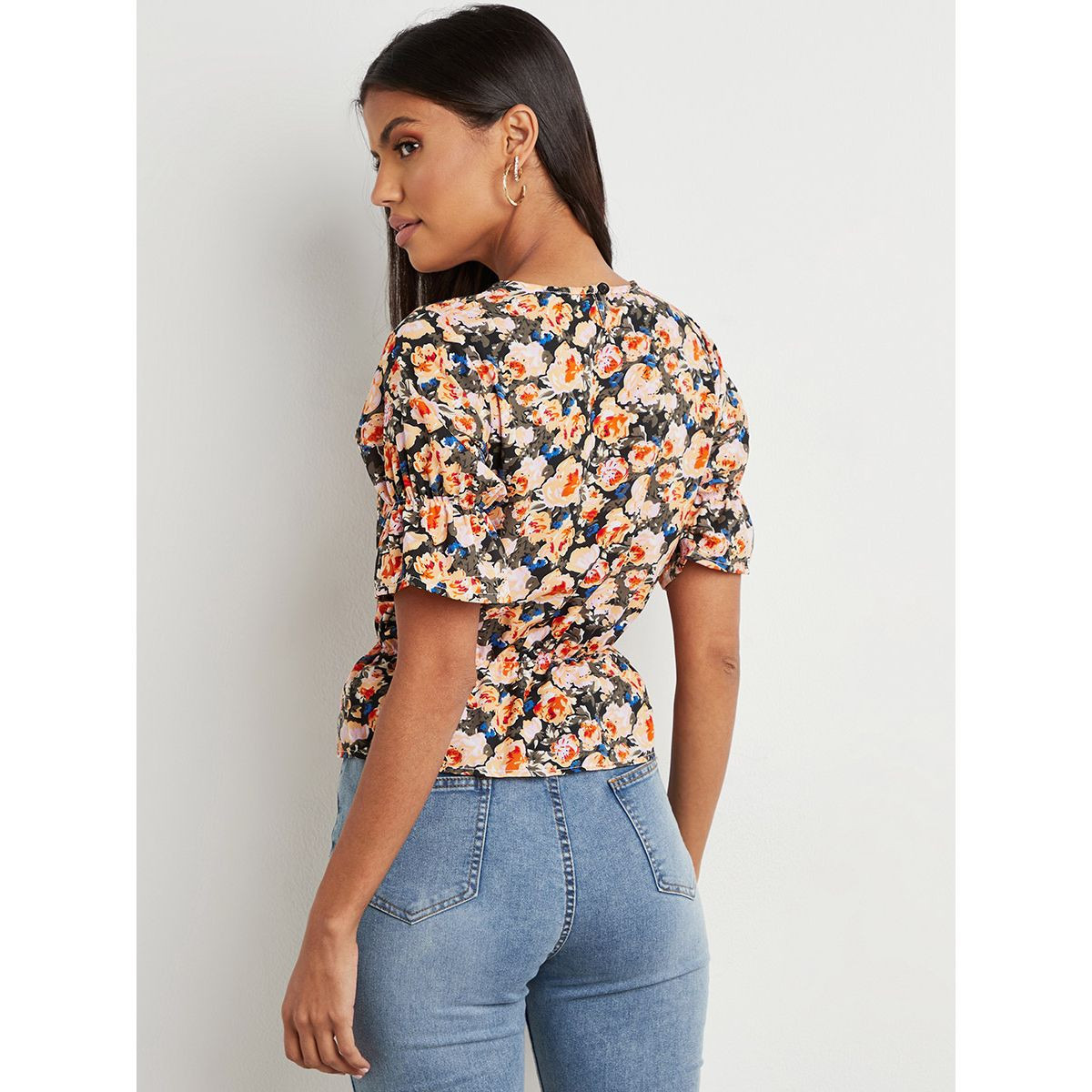 Styli Floral Printed Shirred Waist Top with Round Neck-women-clothing-shirtsandblouses-blouses-image-5