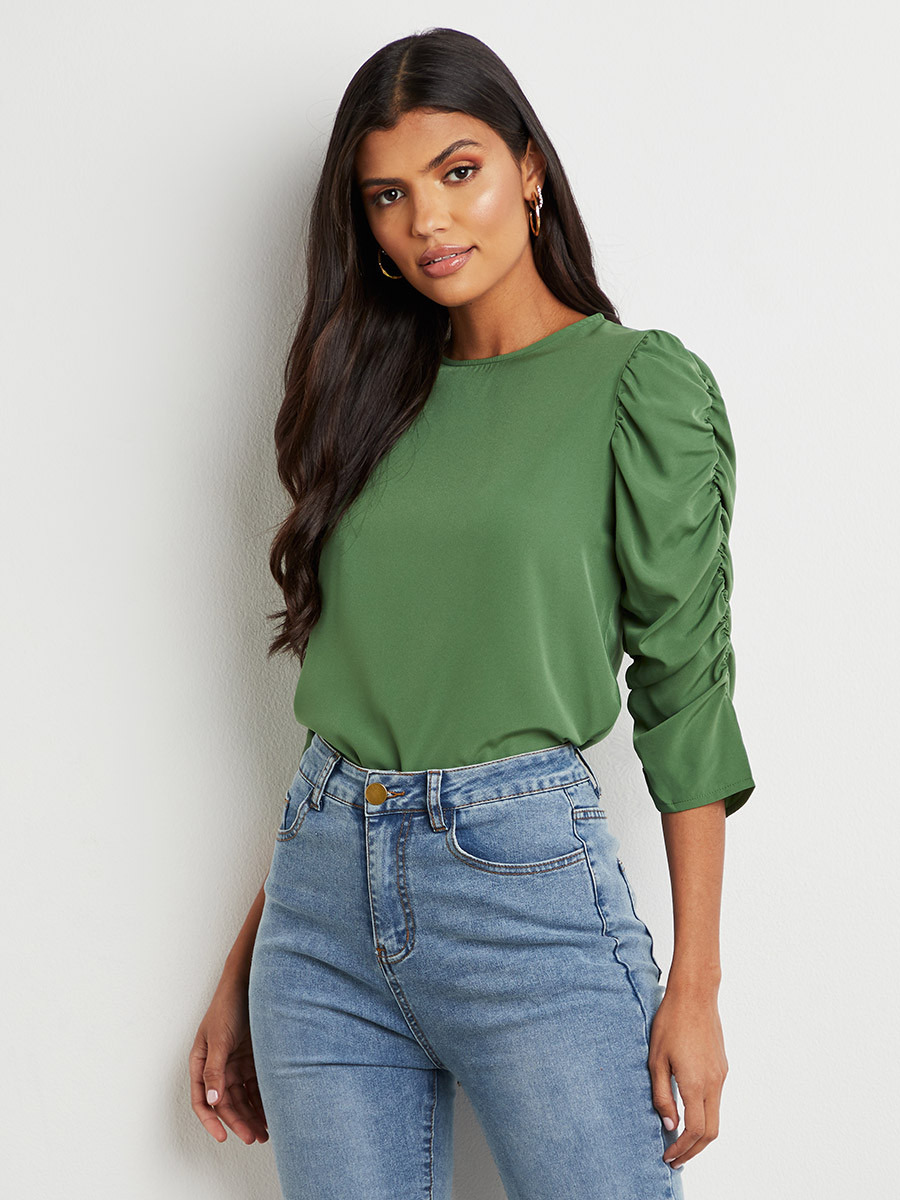 Styli Gathered 3/4 Sleeves Plain Blouse-women-clothing-shirtsandblouses-blouses-image-1