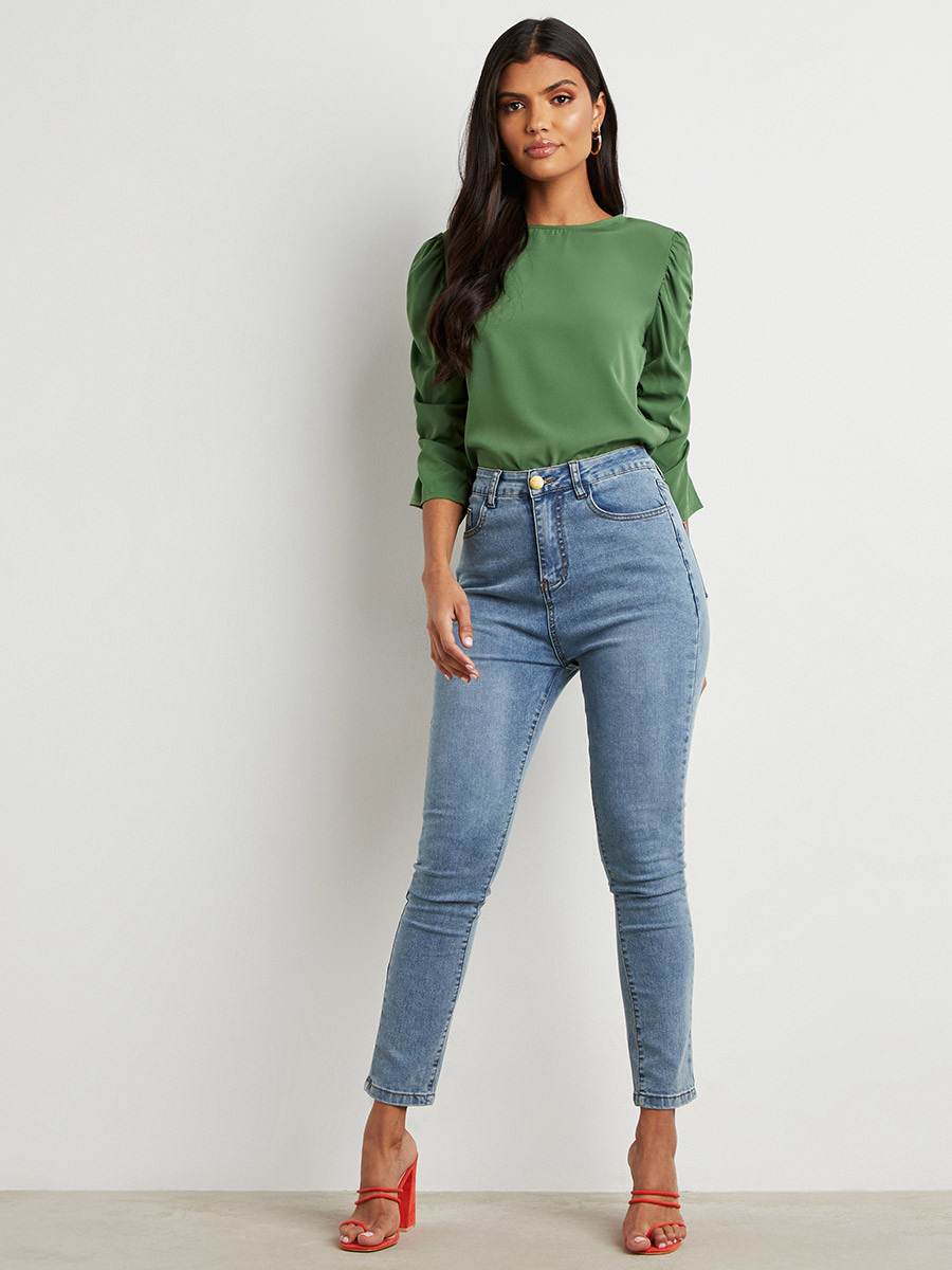 Styli Gathered 3/4 Sleeves Plain Blouse-women-clothing-shirtsandblouses-blouses-image-2