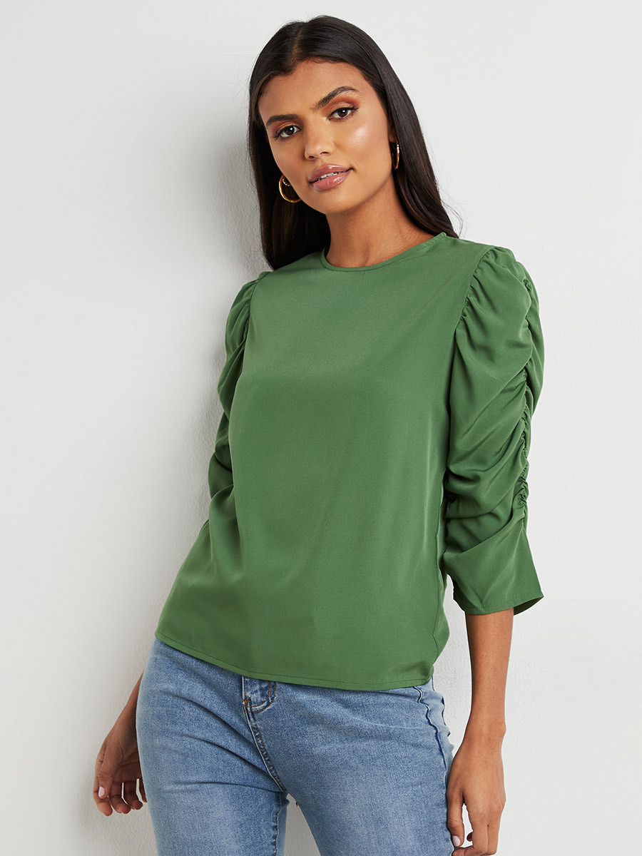 Styli Gathered 3/4 Sleeves Plain Blouse-women-clothing-shirtsandblouses-blouses-image-3