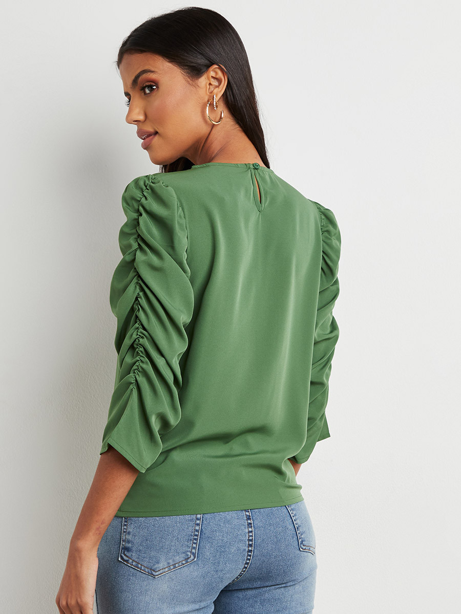 Styli Gathered 3/4 Sleeves Plain Blouse-women-clothing-shirtsandblouses-blouses-image-6