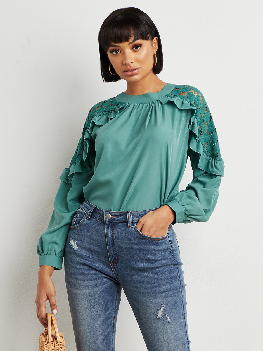 Styli Lace Shoulder Insert High Neck Blouse-women-clothing-shirtsandblouses-blouses-image-1