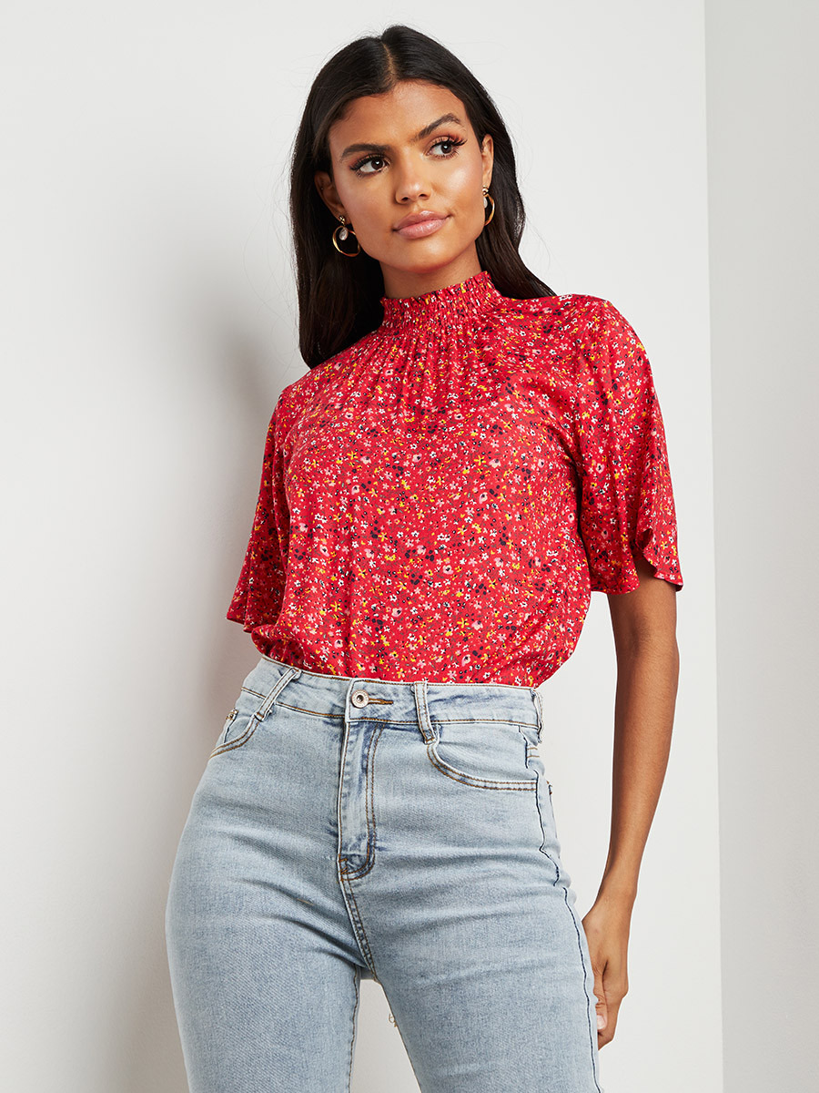 Styli Shirred High Neck Printed Top with Flute Sleeves-women-clothing-shirtsandblouses-blouses-image-1