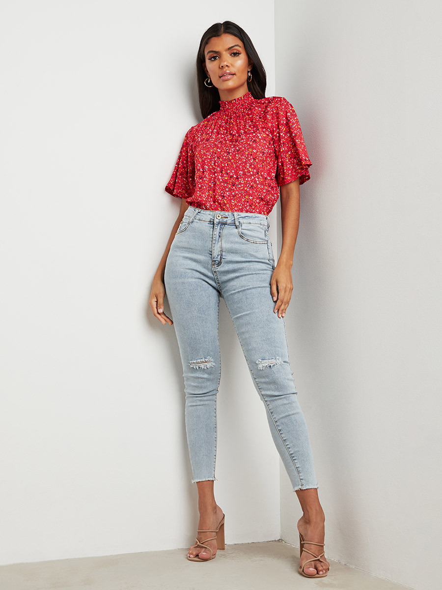 Styli Shirred High Neck Printed Top with Flute Sleeves-women-clothing-shirtsandblouses-blouses-image-2