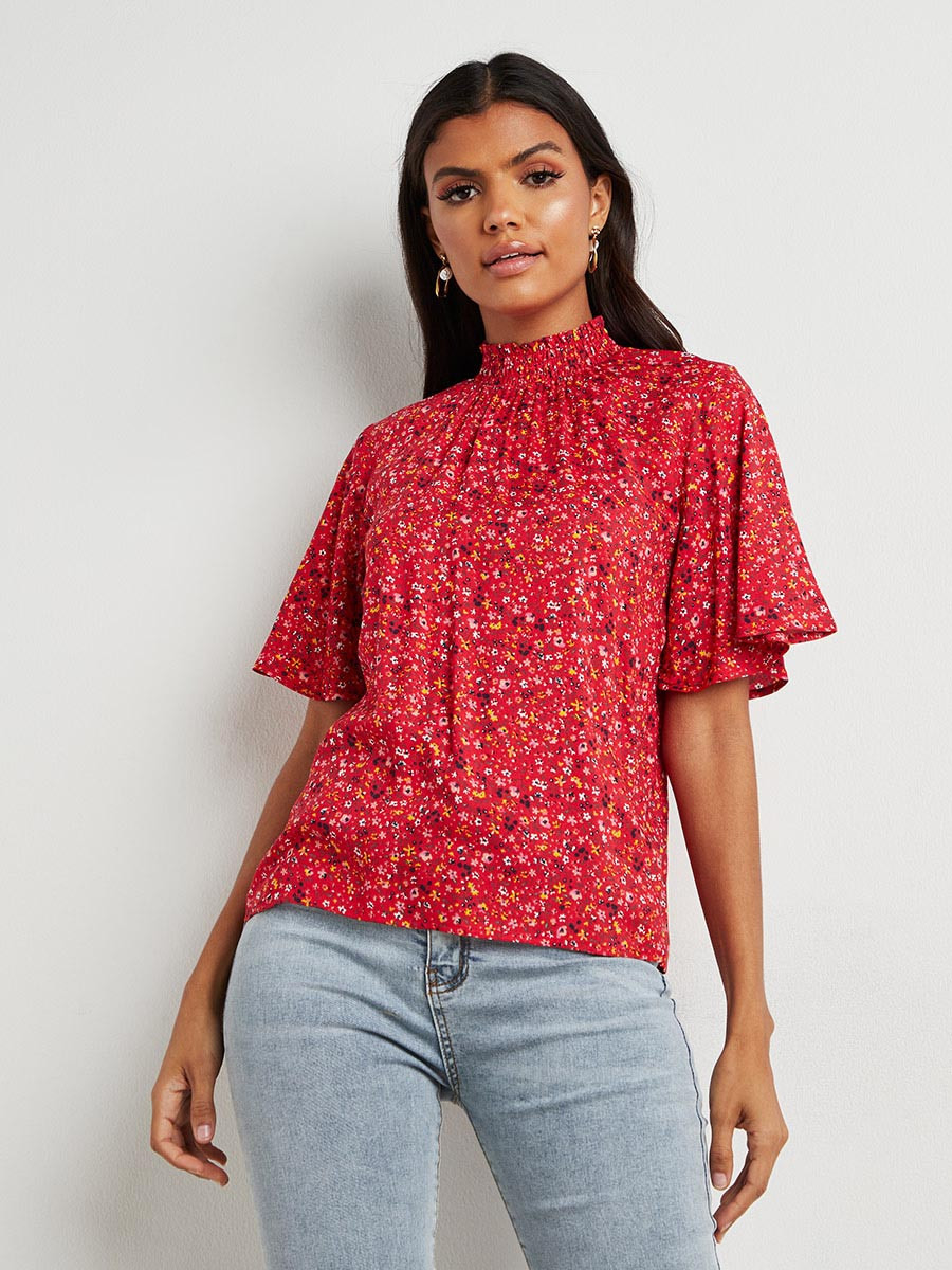 Styli Shirred High Neck Printed Top with Flute Sleeves-women-clothing-shirtsandblouses-blouses-image-3