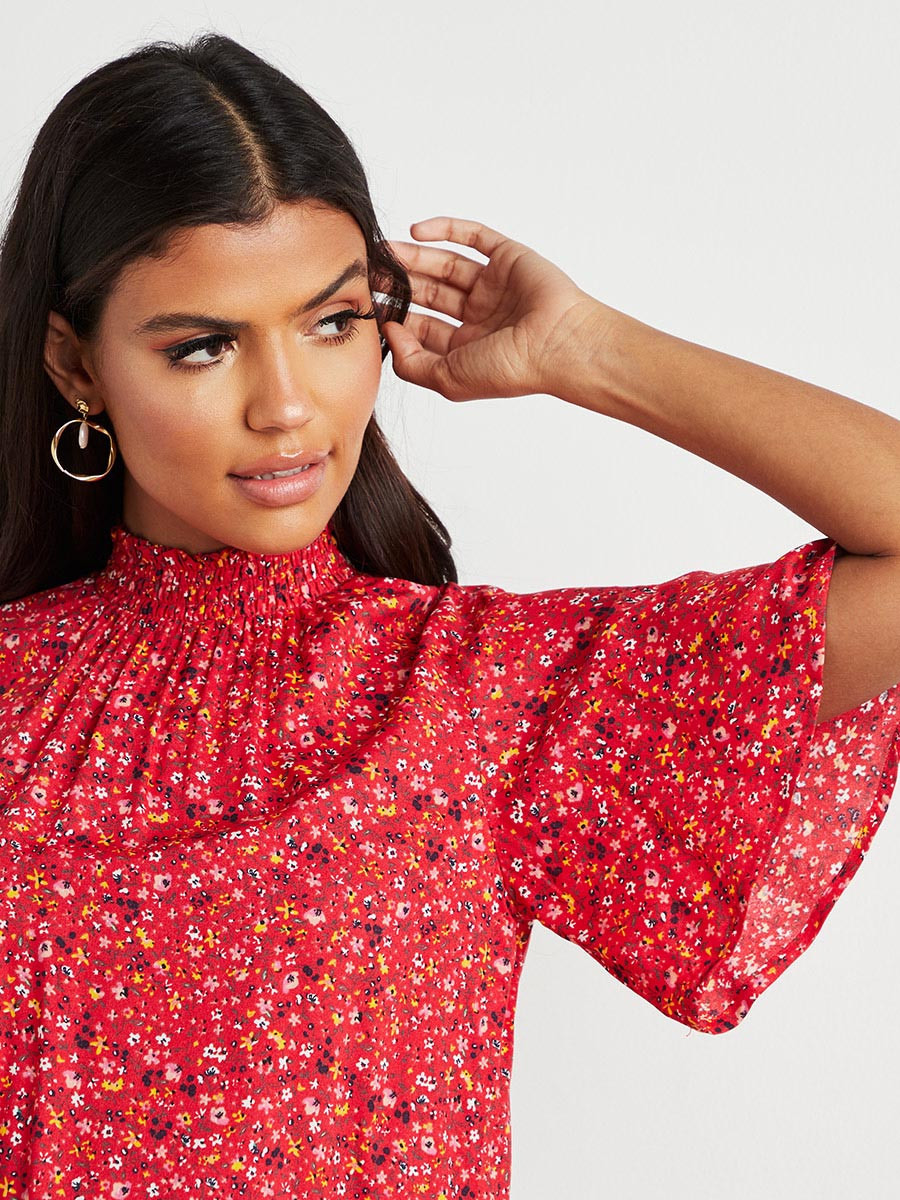 Styli Shirred High Neck Printed Top with Flute Sleeves-women-clothing-shirtsandblouses-blouses-image-4