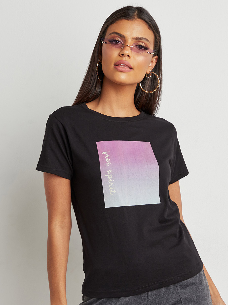 Styli Free Spirit Slogan Print Regular Fit T-shirt-women-clothing-tshirts-image-2
