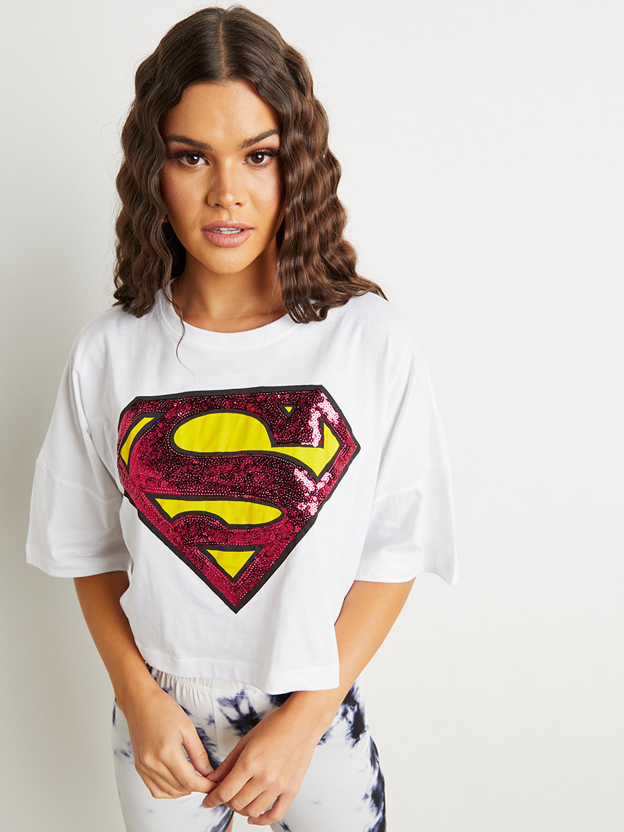 Styli DC Comics Sequined Superwoman Boxy Crop T-shirt-women-clothing-tshirts-image-2