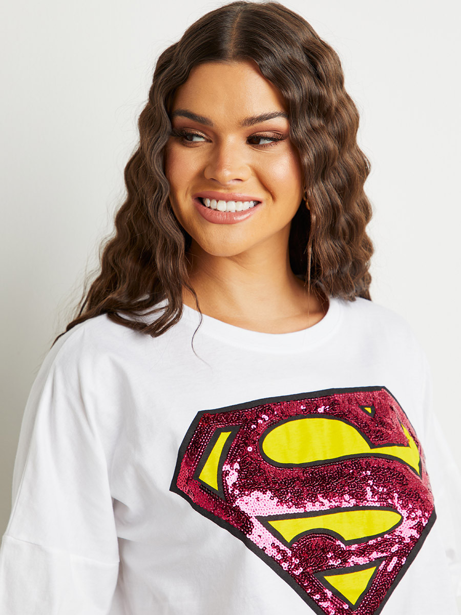 Styli DC Comics Sequined Superwoman Boxy Crop T-shirt-women-clothing-tshirts-image-4