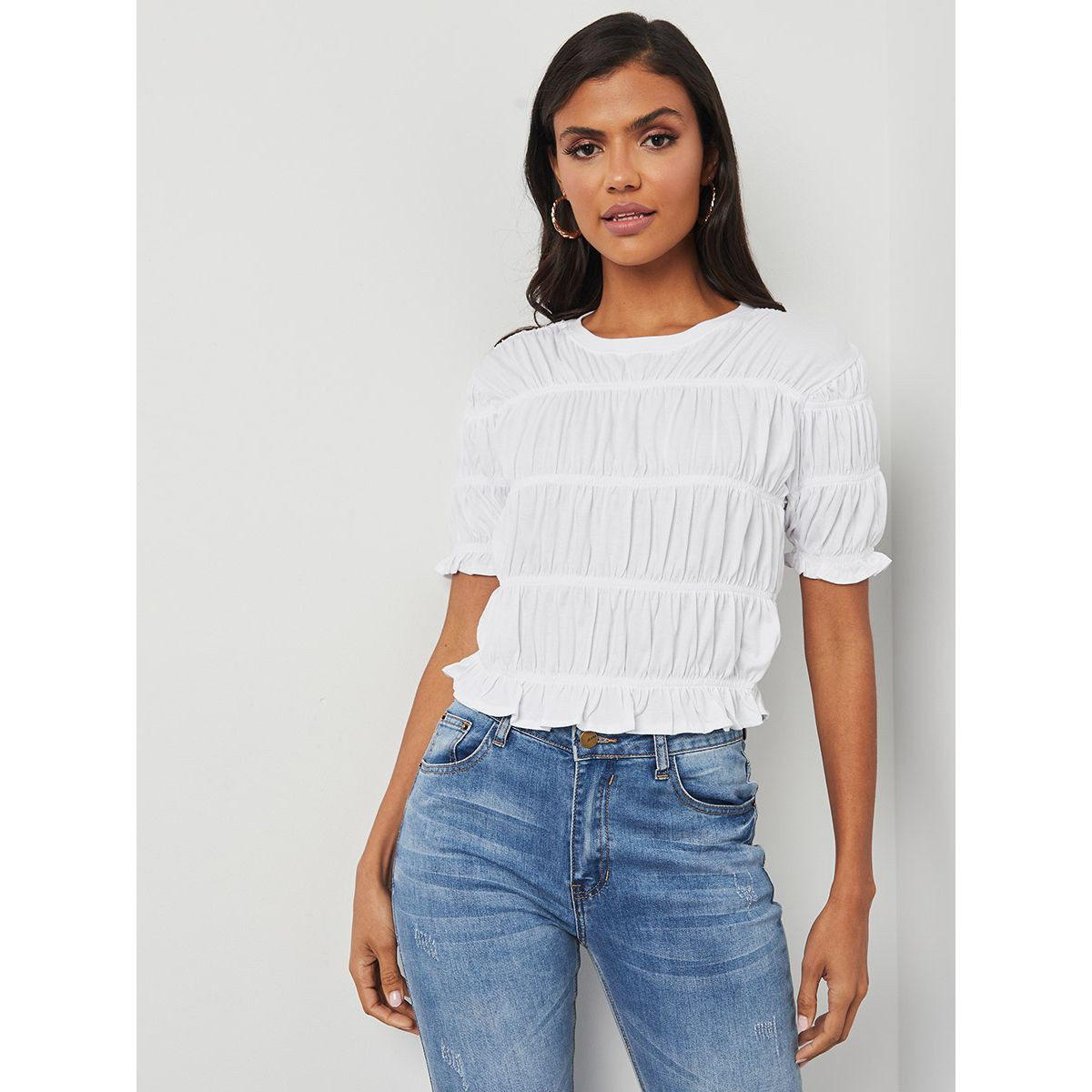 Styli Extreme Gathered Short Sleeves Fitted T-shirt-women-clothing-tshirts-image-1