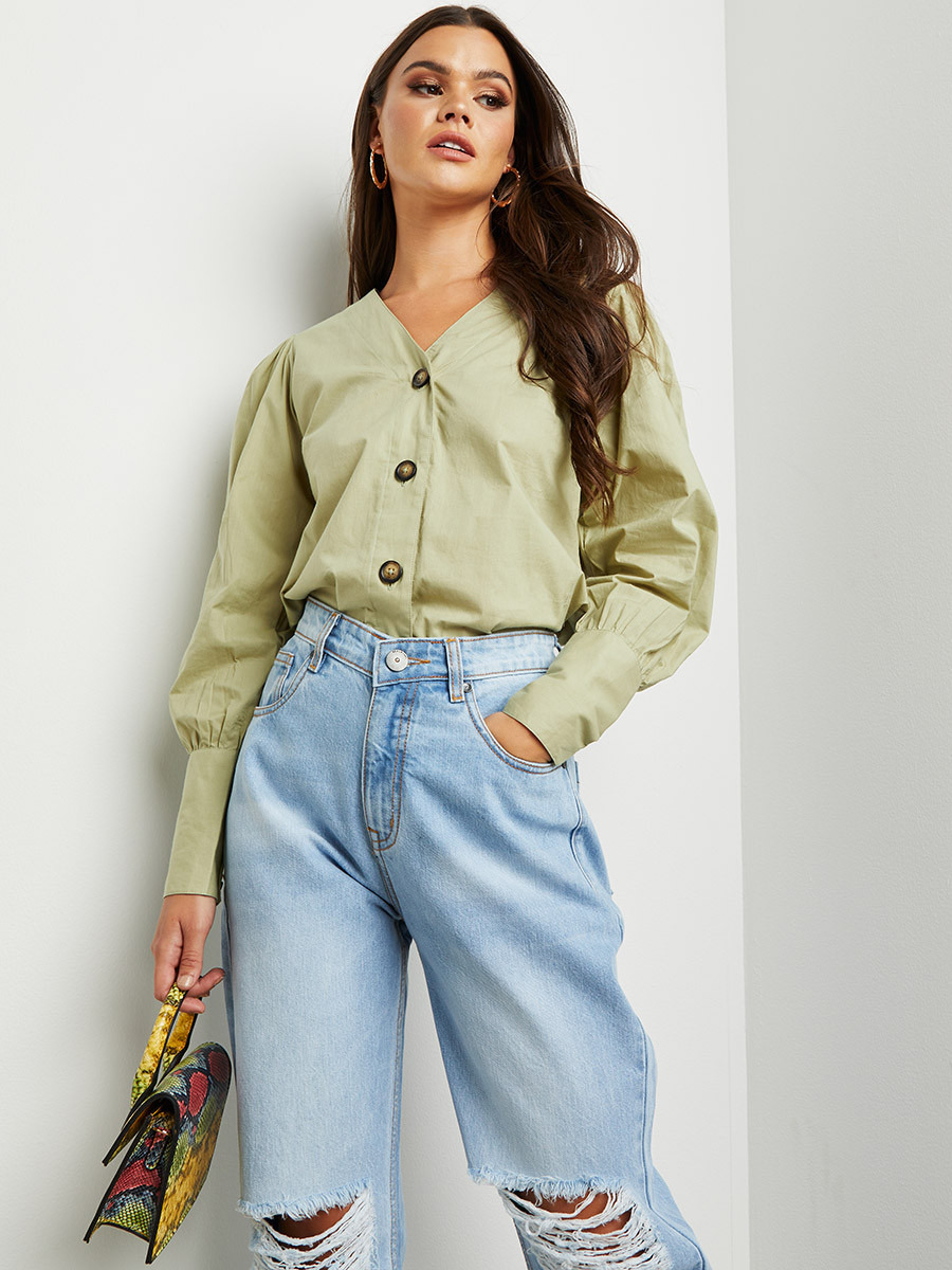 Styli Button Through V Neck Blouse with Long Sleeves-women-clothing-shirtsandblouses-blouses-image-1