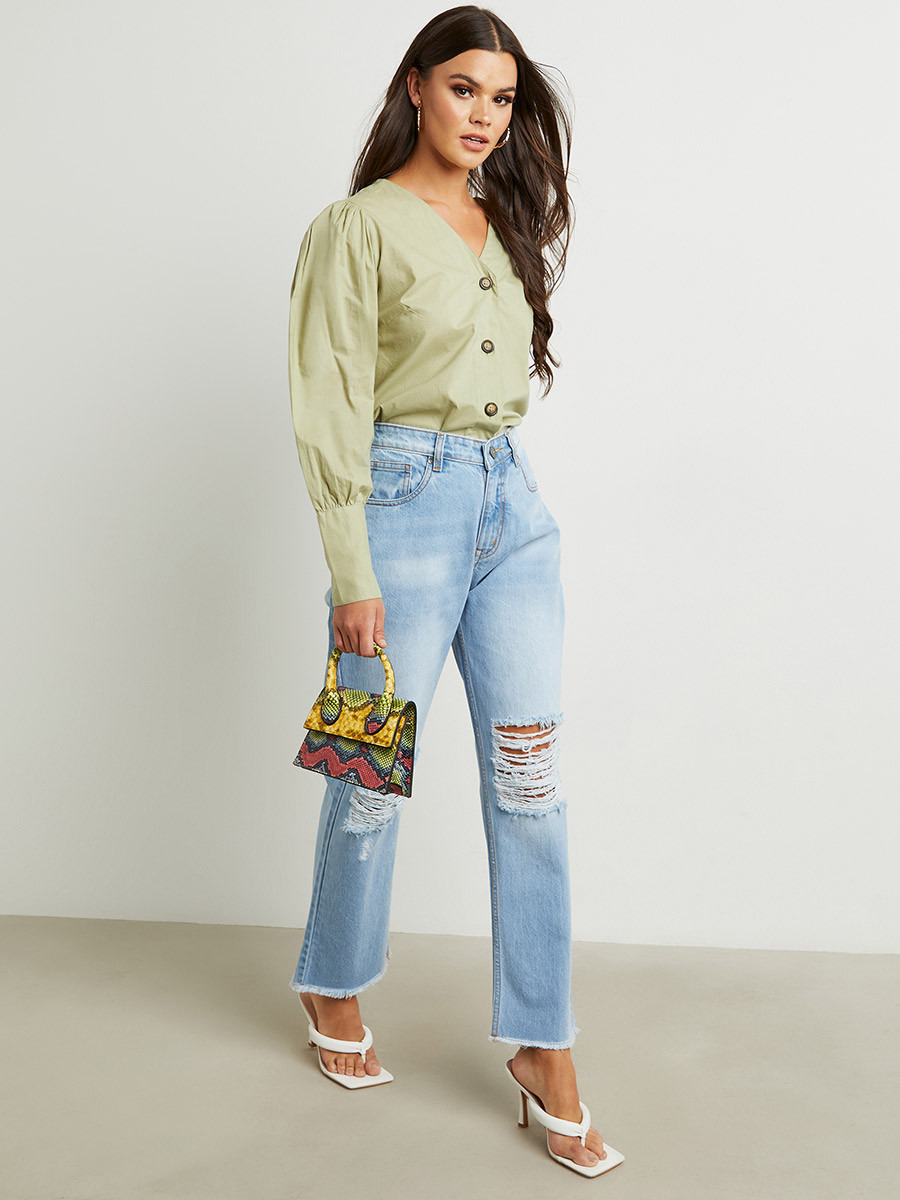 Styli Button Through V Neck Blouse with Long Sleeves-women-clothing-shirtsandblouses-blouses-image-2