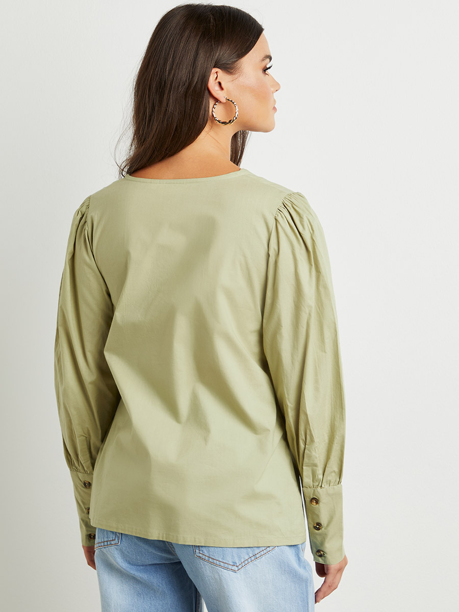 Styli Button Through V Neck Blouse with Long Sleeves-women-clothing-shirtsandblouses-blouses-image-3