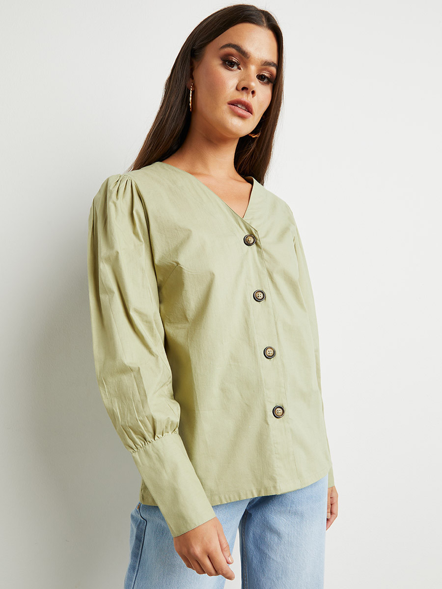 Styli Button Through V Neck Blouse with Long Sleeves-women-clothing-shirtsandblouses-blouses-image-6
