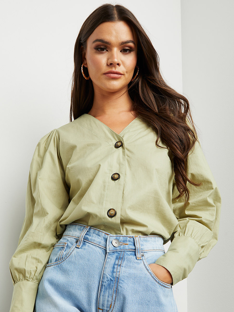 Styli Button Through V Neck Blouse with Long Sleeves-women-clothing-shirtsandblouses-blouses-image-7