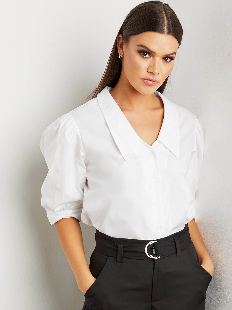 Styli V Neck Collared Puff Sleeves Poplin Blouse-women-clothing-shirtsandblouses-blouses-image-1