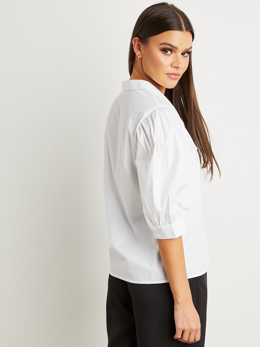Styli V Neck Collared Puff Sleeves Poplin Blouse-women-clothing-shirtsandblouses-blouses-image-4