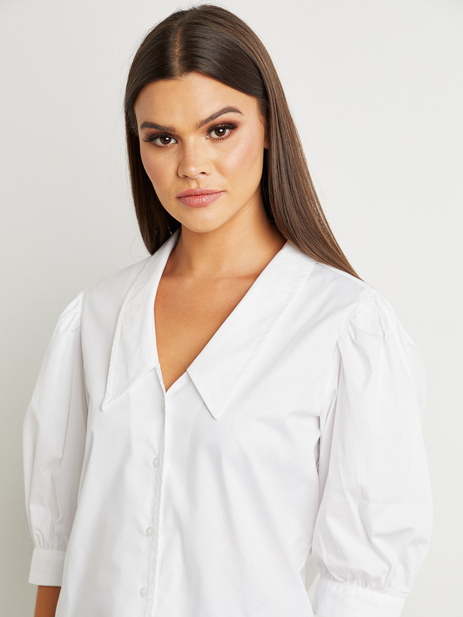 Styli V Neck Collared Puff Sleeves Poplin Blouse-women-clothing-shirtsandblouses-blouses-image-5