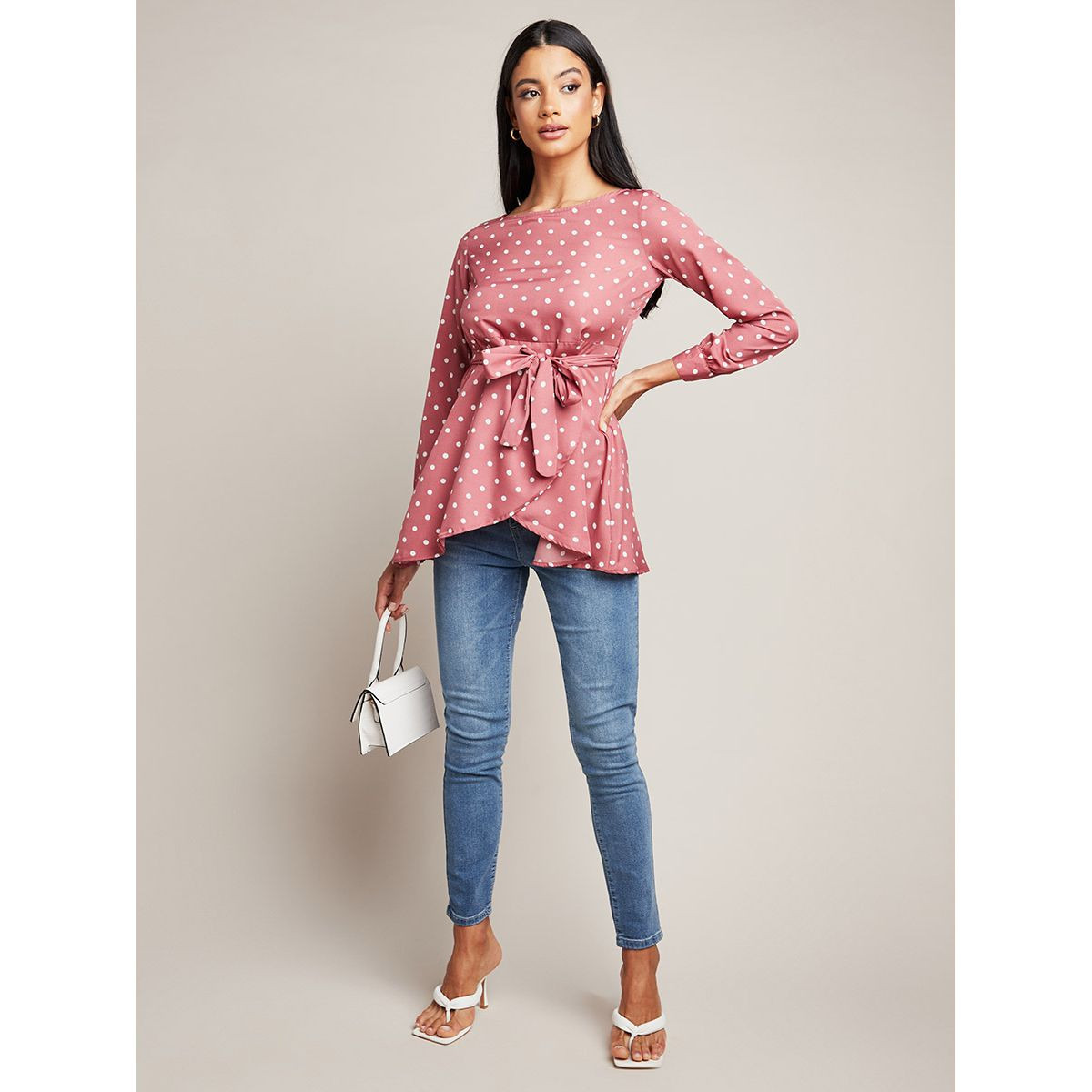 Styli Polka Dot Asymmetric Hem Longline Top with Long Sleeves-women-clothing-shirtsandblouses-blouses-image-2