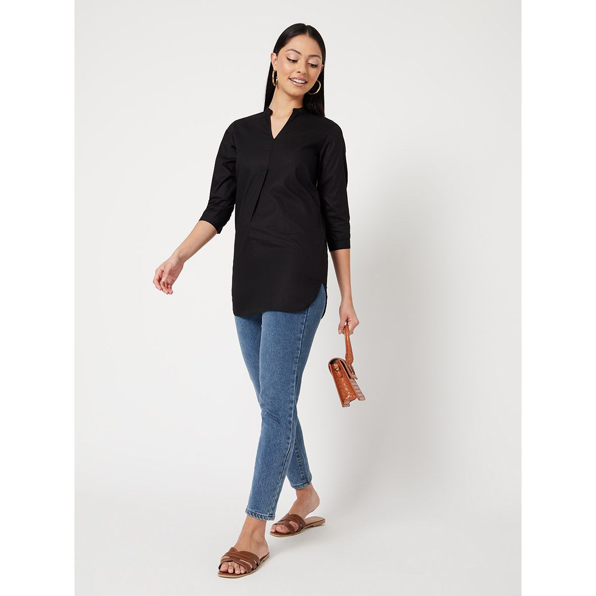Styli 3/4 Sleeves Cotton Poplin Tunic with Curved Hem-women-clothing-shirtsandblouses-blouses-image-2