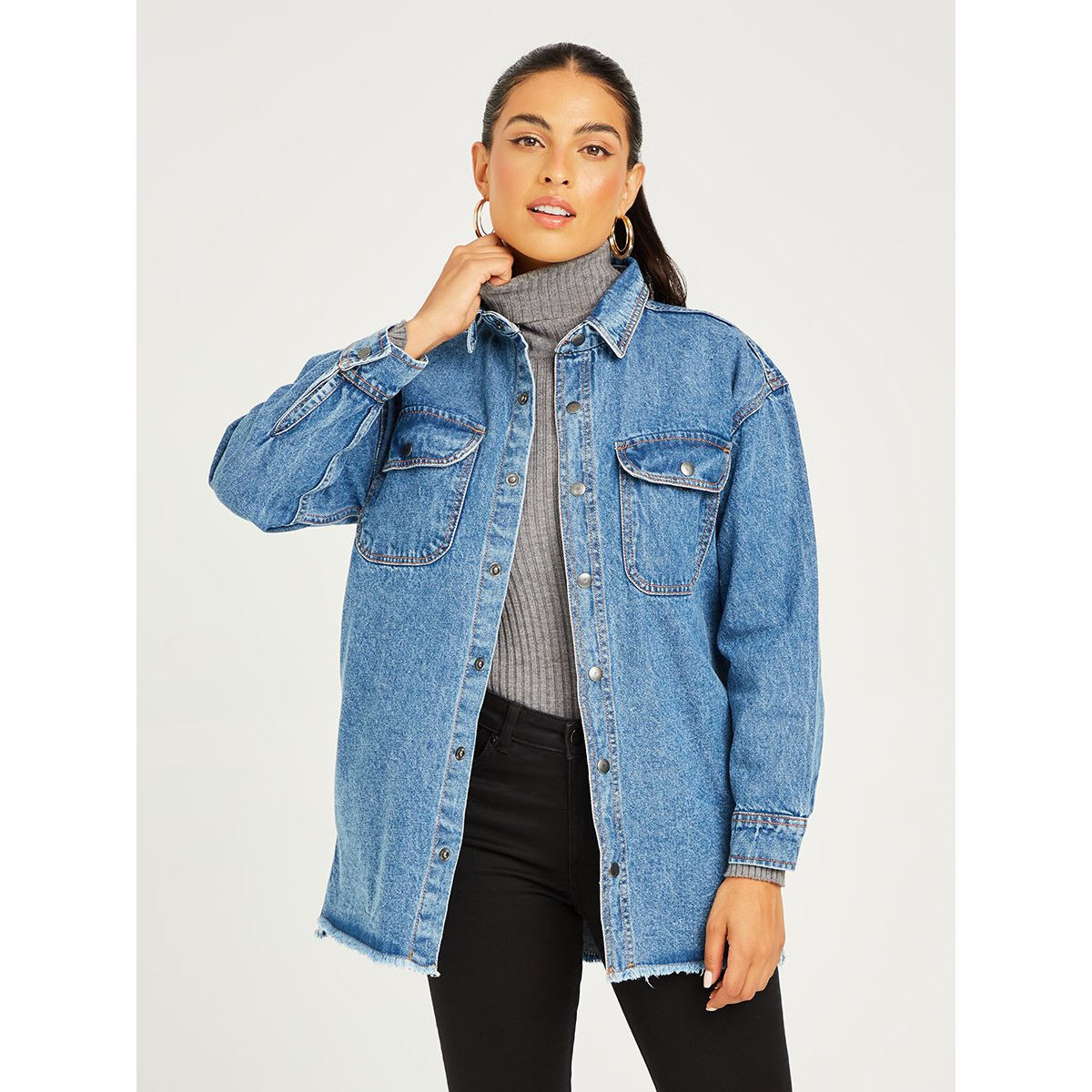 Styli Oversize Denim Shirt with Button and Pocket Detail-women-clothing-shirtsandblouses-blouses-image-1