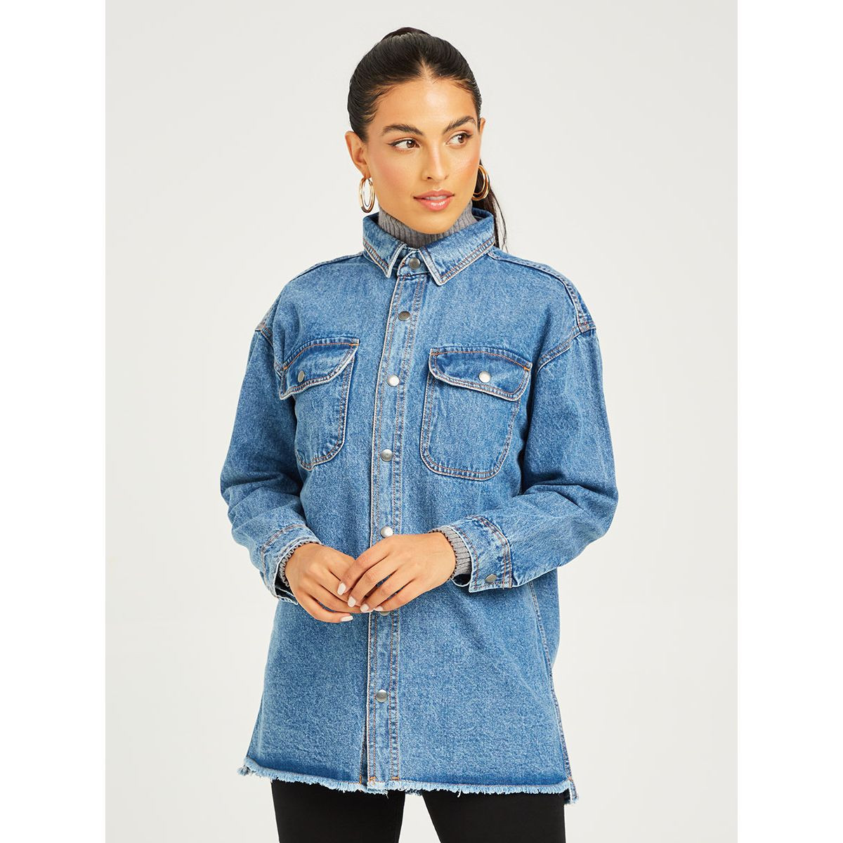 Styli Oversize Denim Shirt with Button and Pocket Detail-women-clothing-shirtsandblouses-blouses-image-3