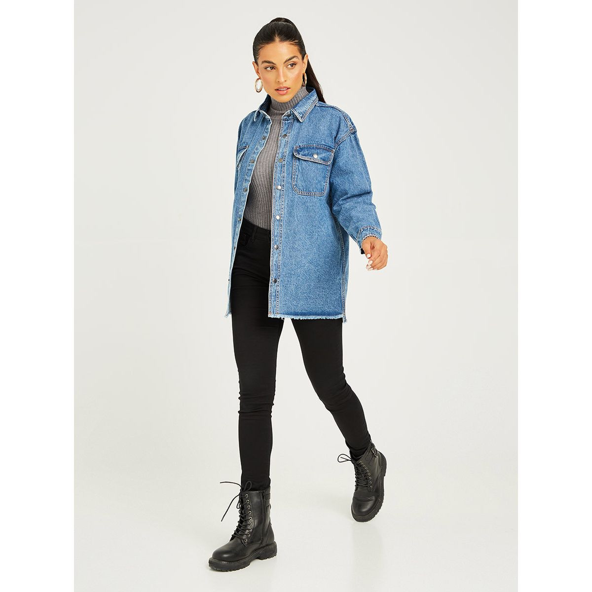 Styli Oversize Denim Shirt with Button and Pocket Detail-women-clothing-shirtsandblouses-blouses-image-4