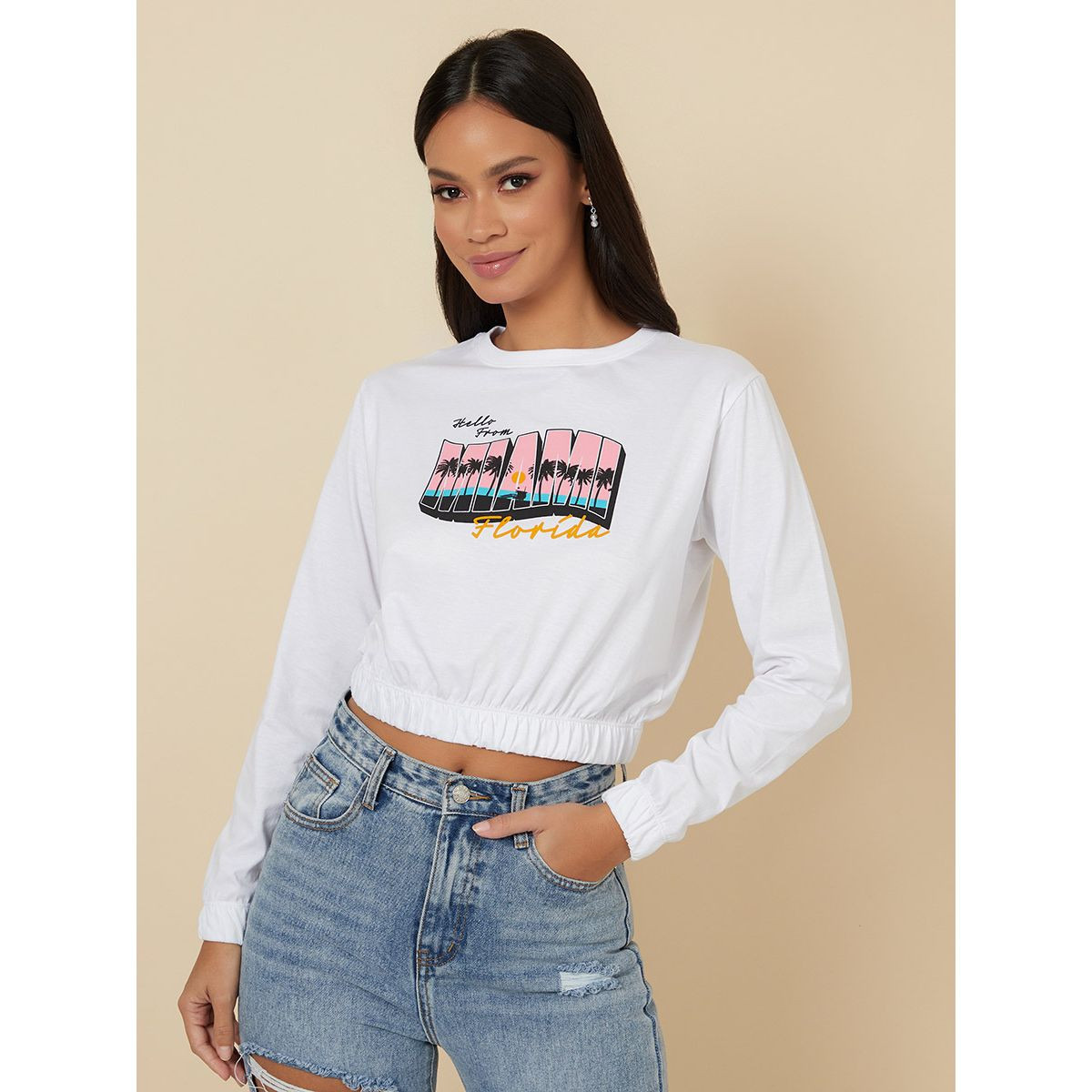 Styli Long Sleeves Elasticated Waist Slogan Print Crop T-shirt-women-clothing-tshirts-image-1