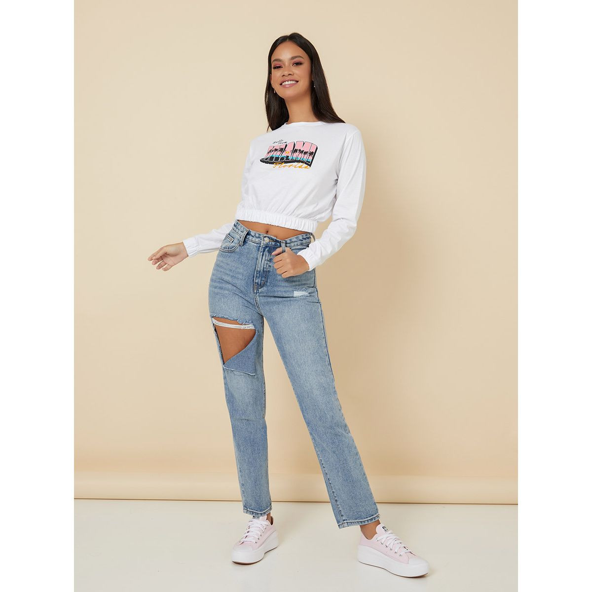 Styli Long Sleeves Elasticated Waist Slogan Print Crop T-shirt-women-clothing-tshirts-image-2