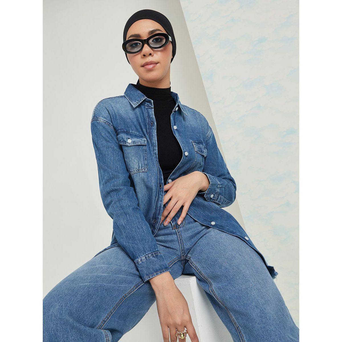 Styli Long Sleeves Frayed Hem Detail Oversized Denim Shirt with Double Pocket-women-clothing-shirtsandblouses-blouses-image-1