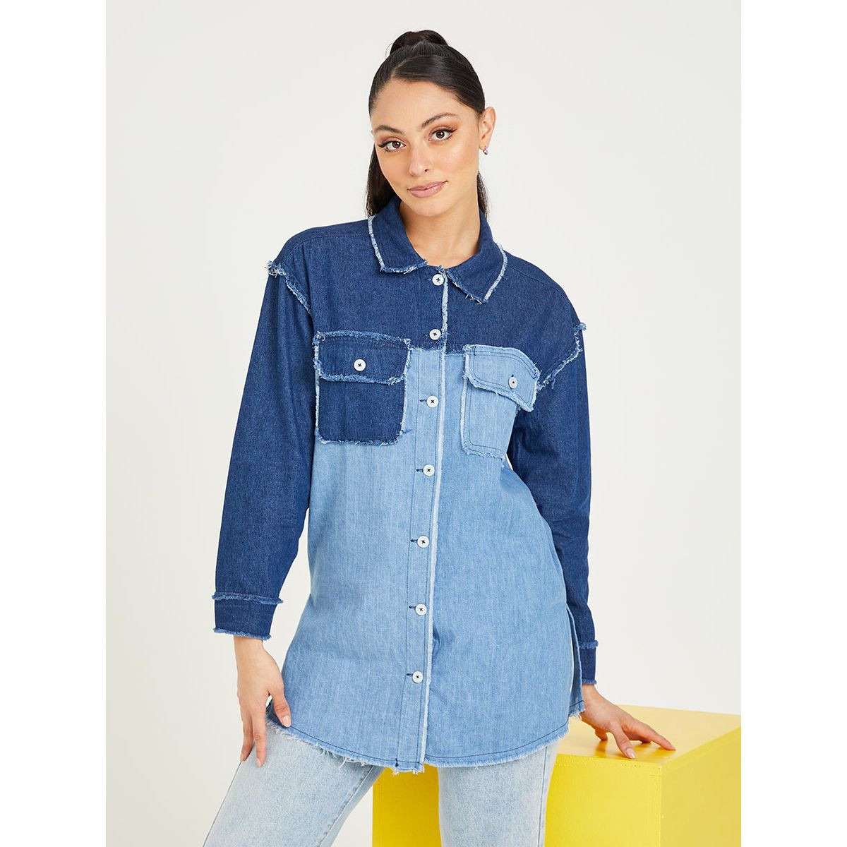 Styli Colorblock Longline Oversized Shirt with Frayed Edge-women-clothing-shirtsandblouses-blouses-image-1