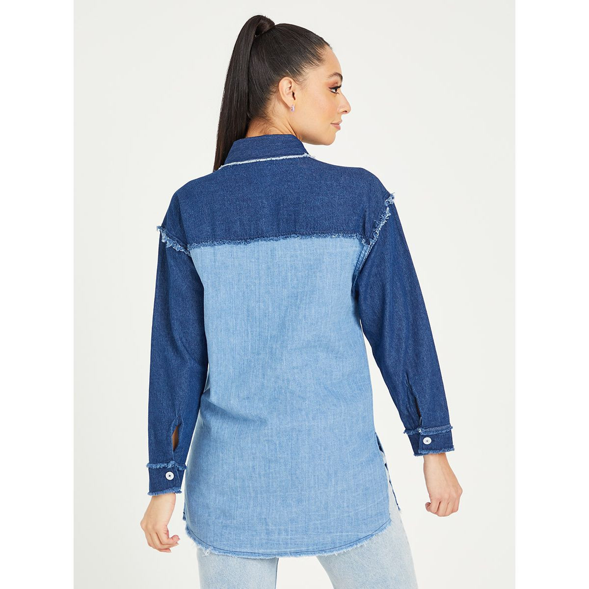 Styli Colorblock Longline Oversized Shirt with Frayed Edge-women-clothing-shirtsandblouses-blouses-image-4