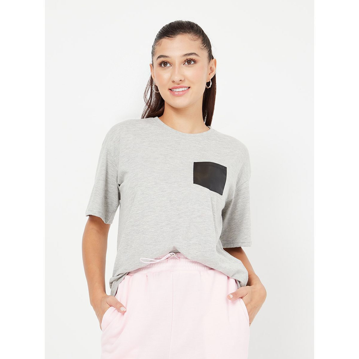 Styli Short Sleeves Faux Leather Pocket Boxy Fit T-shirt-women-clothing-tshirts-image-1