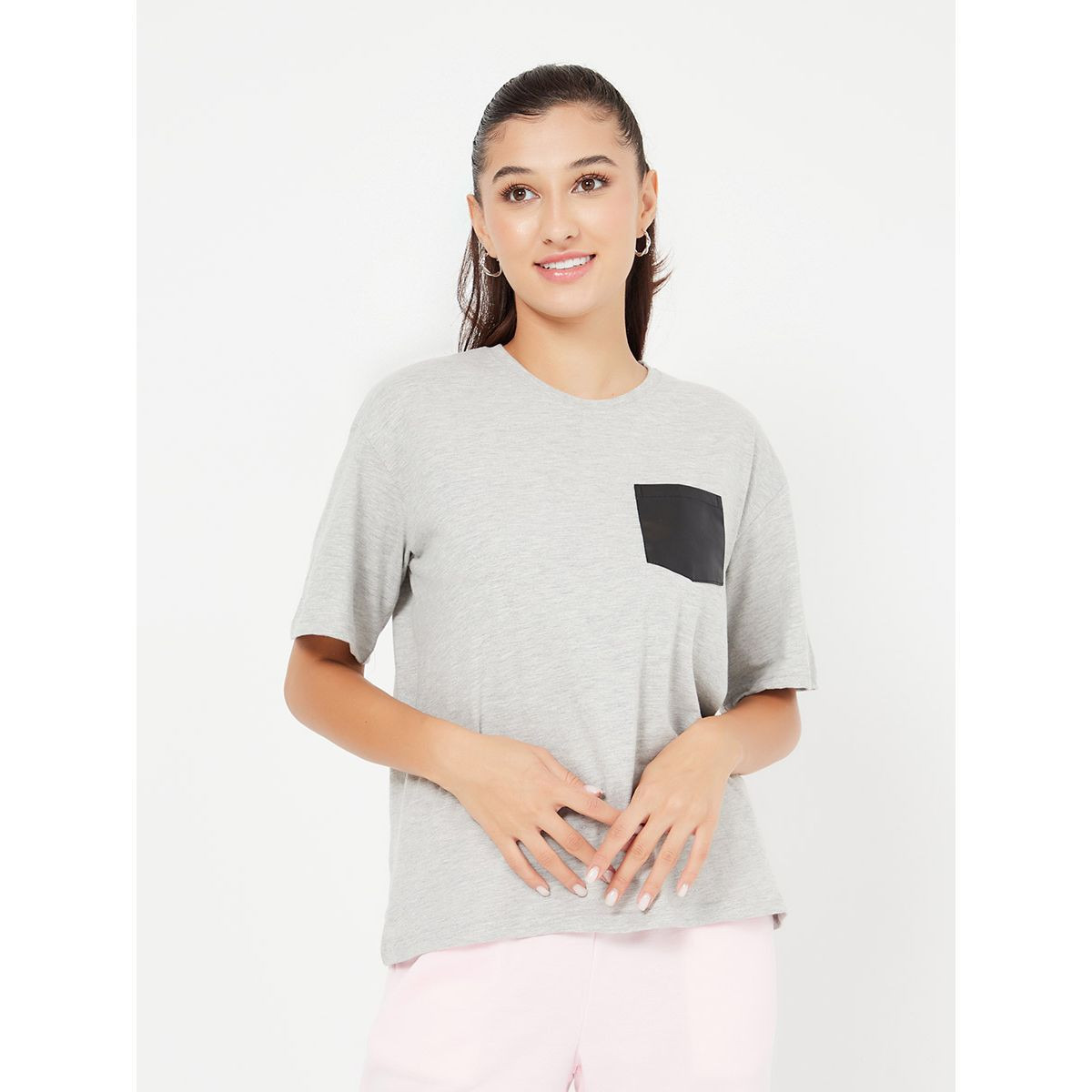 Styli Short Sleeves Faux Leather Pocket Boxy Fit T-shirt-women-clothing-tshirts-image-3