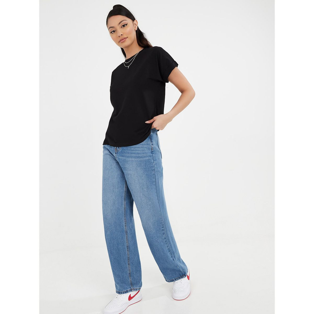 Styli Wide Shoulder Roll-Up Detail Regular Length Boxy T-shirt-women-clothing-tshirts-image-1