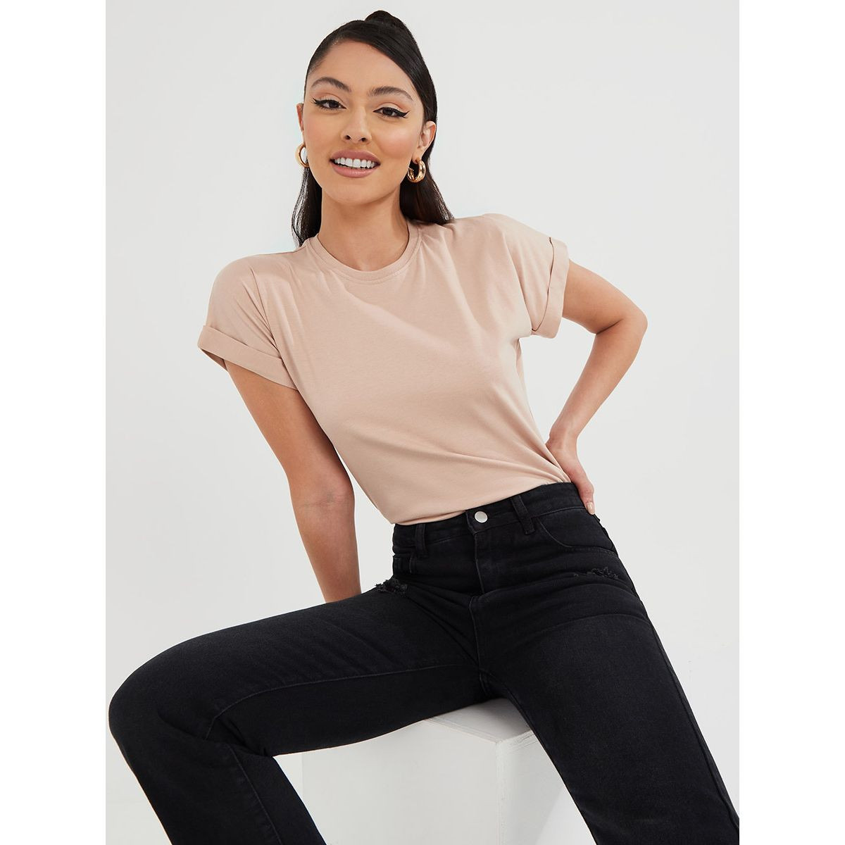 Styli Wide Shoulder Roll-Up Detail Regular Length Boxy T-shirt-women-clothing-tshirts-image-1