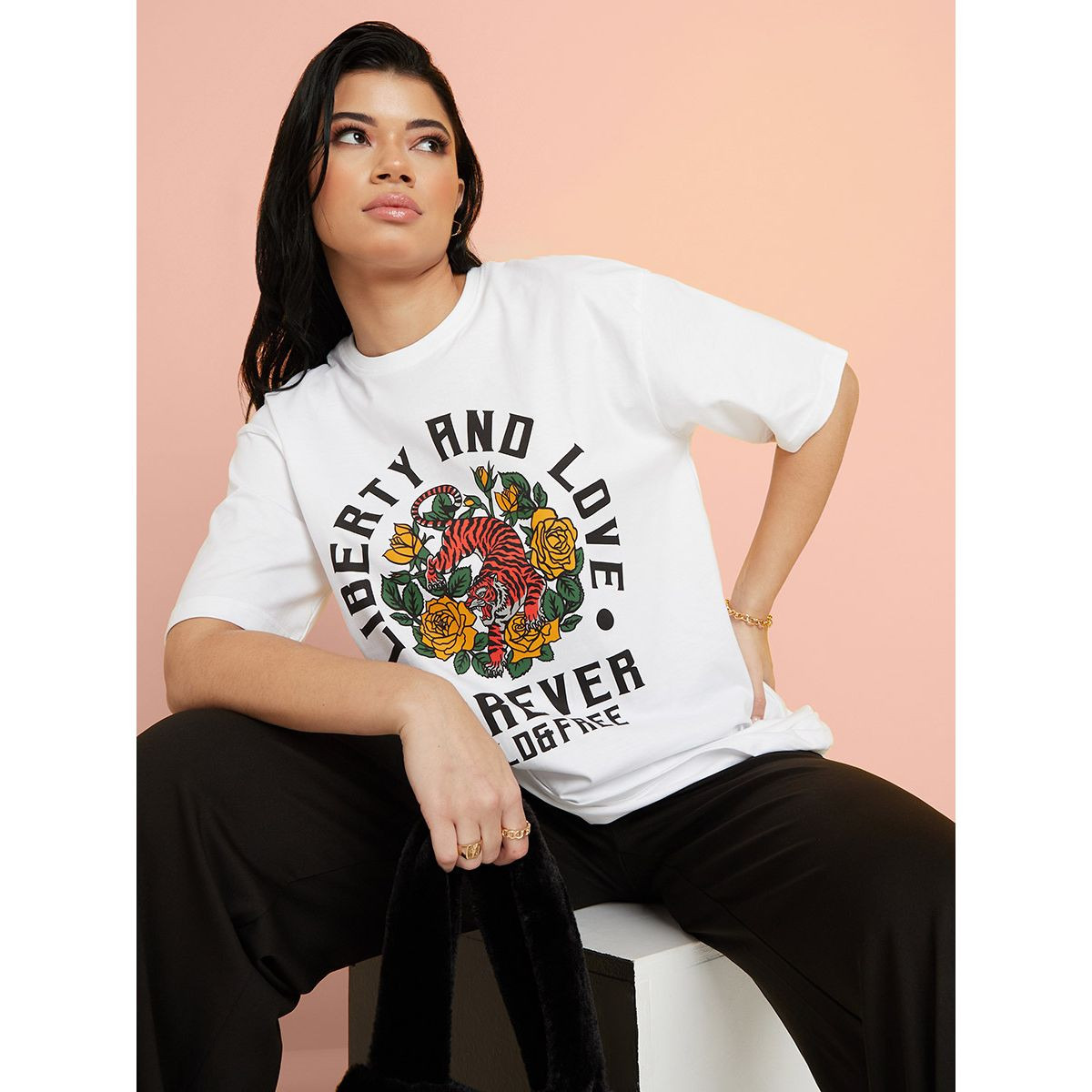 Styli Short Sleeves Liberty and Love Graphic Print Oversized Longline T-shirt-women-clothing-tshirts-image-1