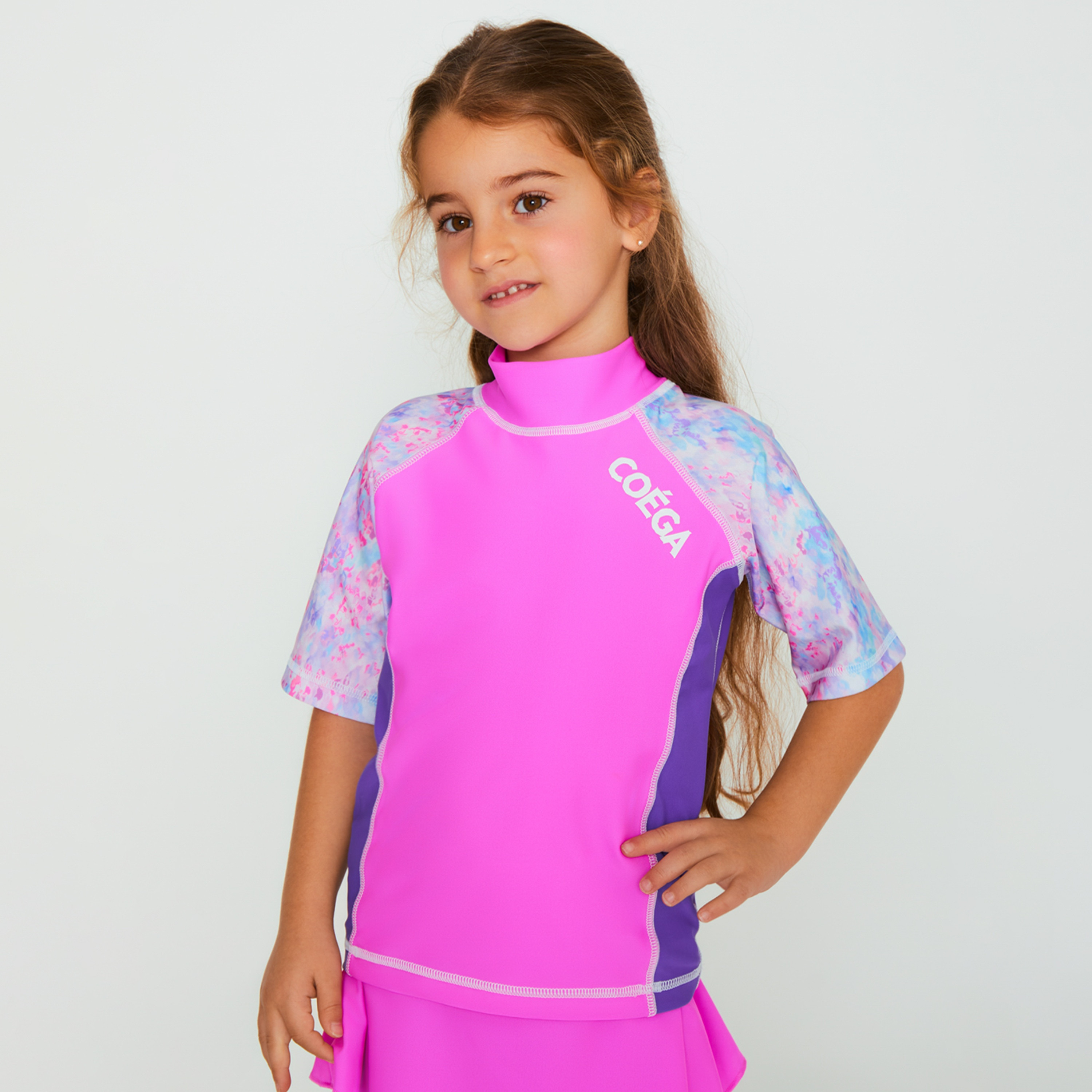 Coega Girls Rashguard Short Raglan Sleeves, Pink Abstract Drops-sports-girls-clothing-swimwear-image-1