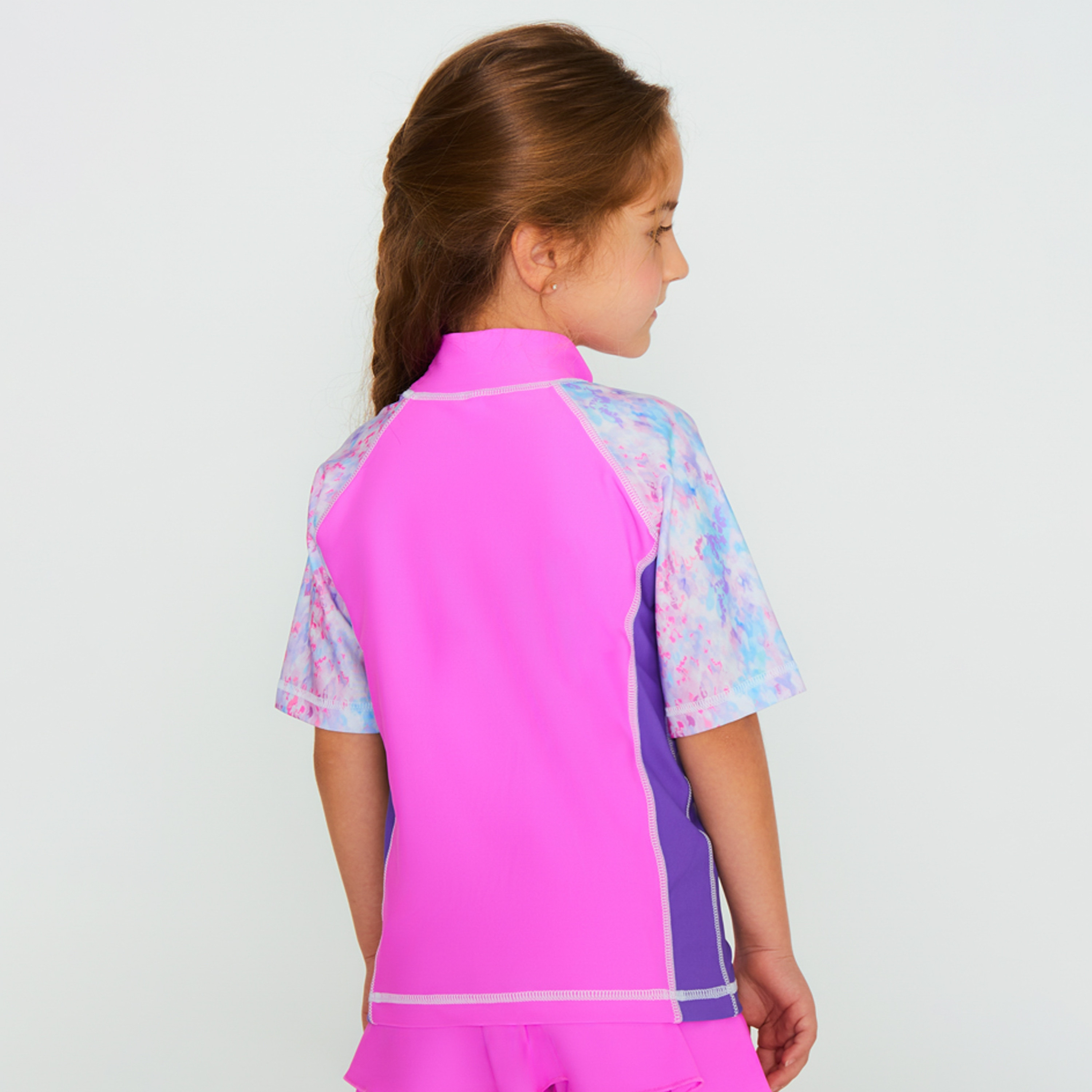 Coega Girls Rashguard Short Raglan Sleeves, Pink Abstract Drops-sports-girls-clothing-swimwear-image-2